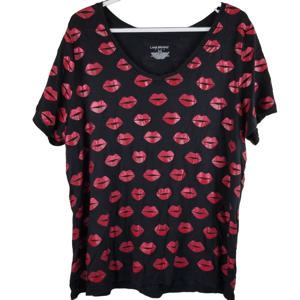 Lane Bryant Black With Red Lips Kisses All Over Summer Tee Shirt Women's 18/20